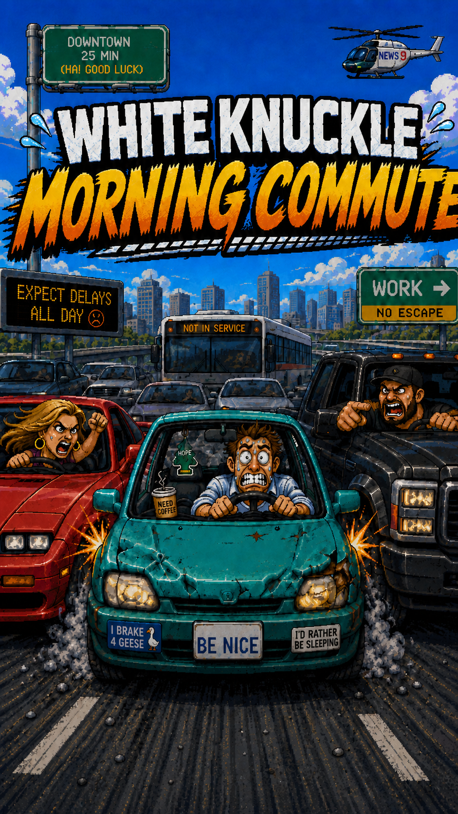 Pixel-art traffic scene for White Knuckle Morning Commute, with three frustrated drivers trapped in a crowded morning commute.